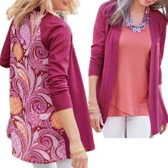 Soft Surroundings Pink Shimmer Semi Sheer Pattern Back Open Cardigan - Picture 1 of 16
